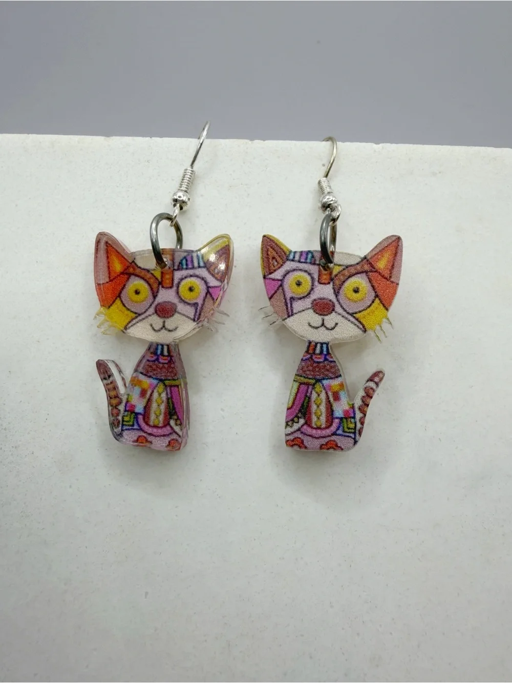 Colorful Cat Earrings | Patchwork Acrylic Mosaic Feline Dangles
